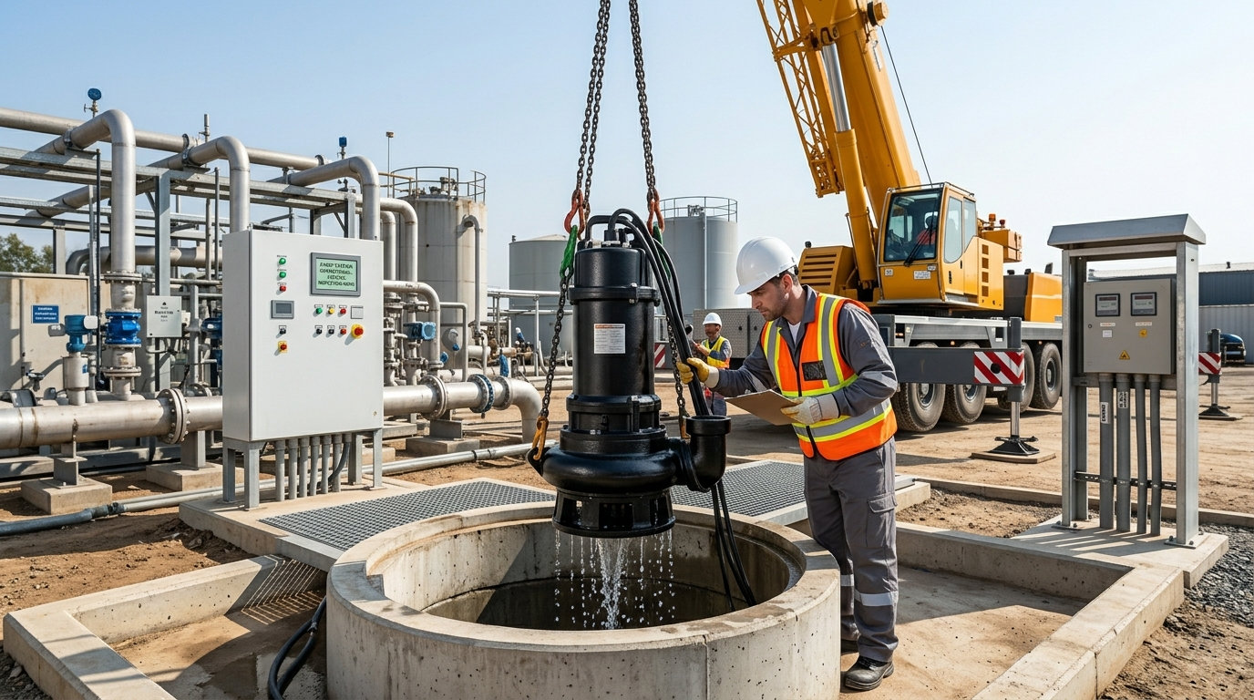 Serviço industrial em bomba submersível com içamento técnico